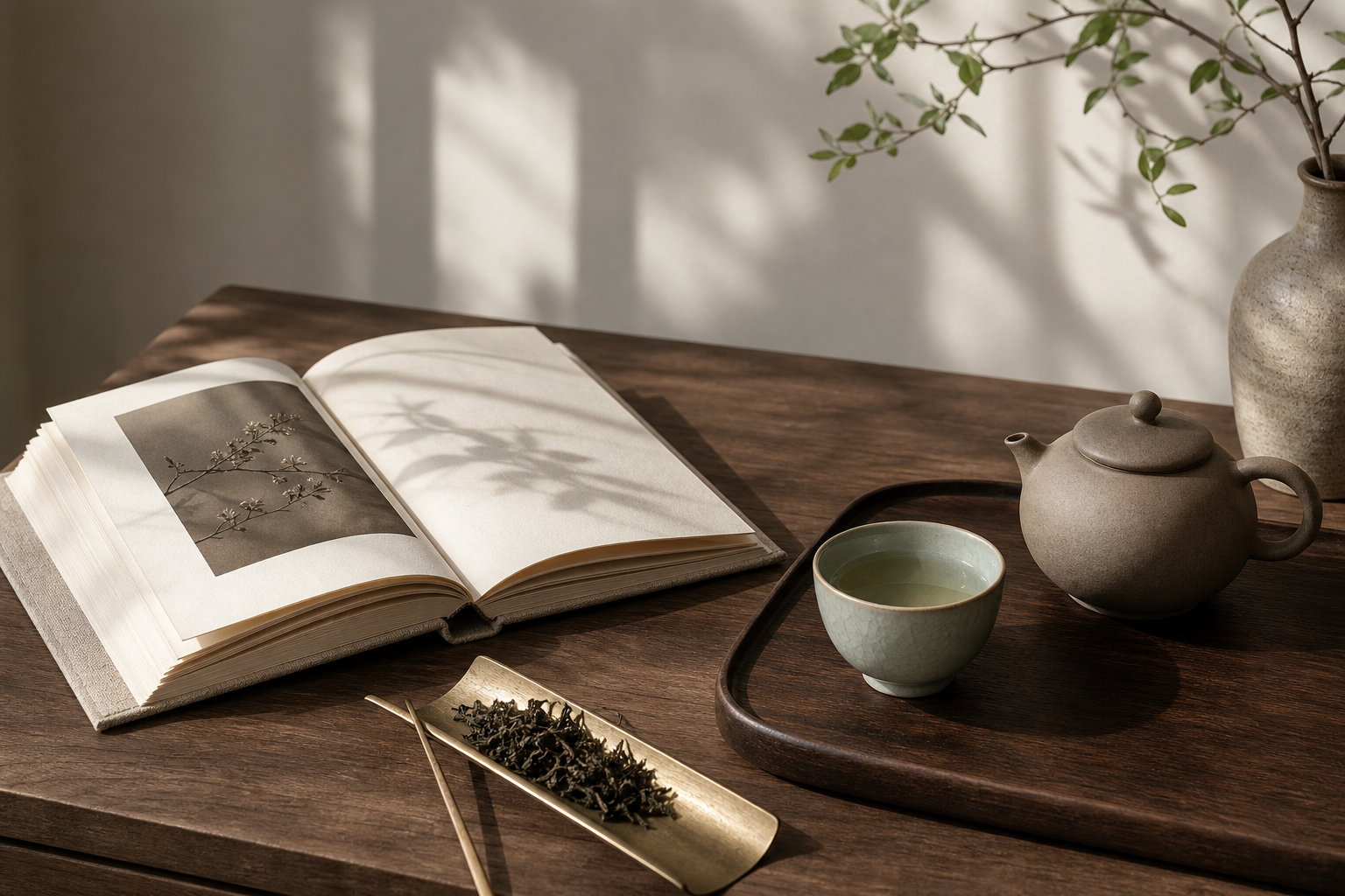 Sunlit tea table scene with a linen journal, celadon cup, and a teapot arranged on a dark wooden tray