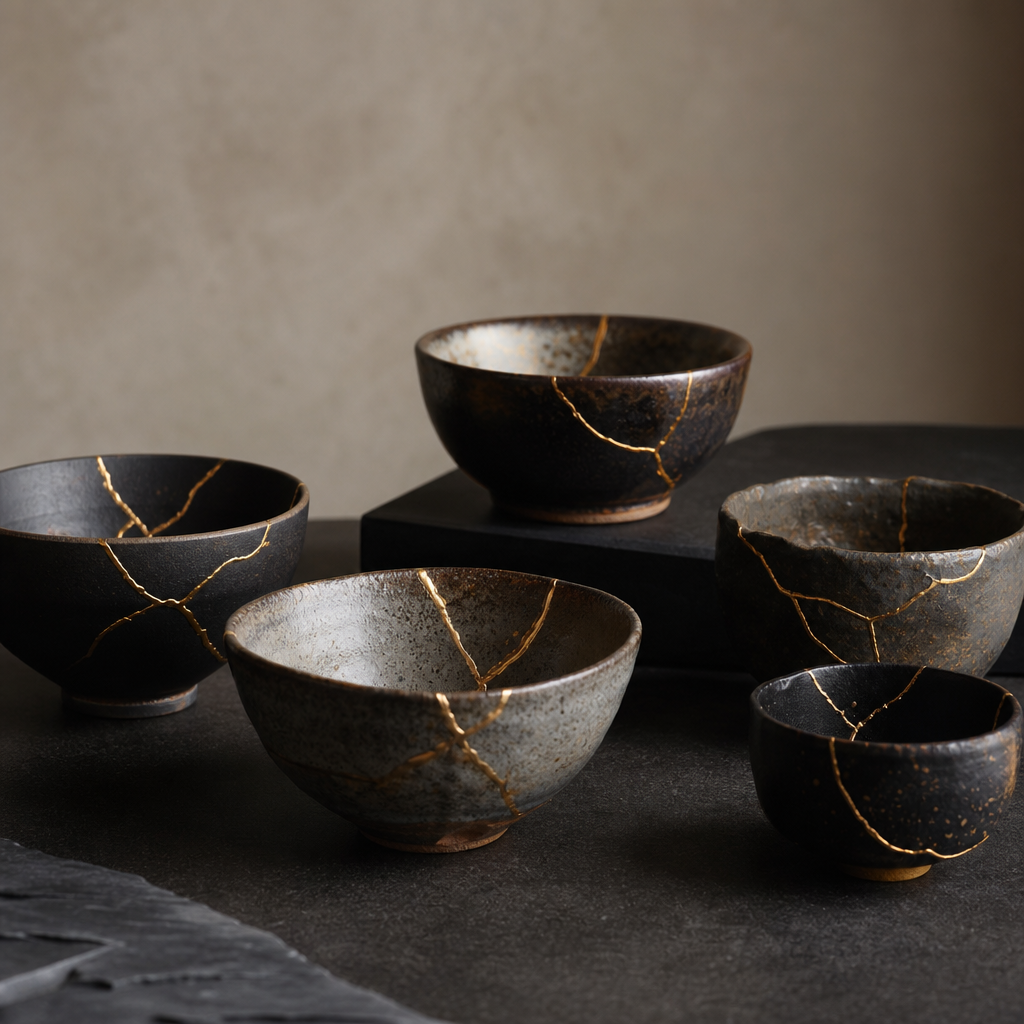 Kintsugi repaired cups and bowls with gold seams on dark surfaces