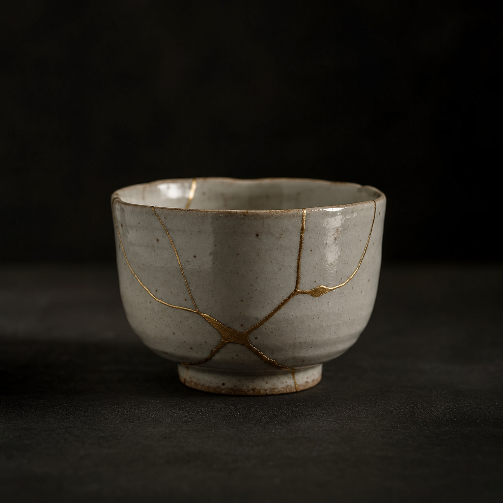 Kintsugi repaired cup with gold seams