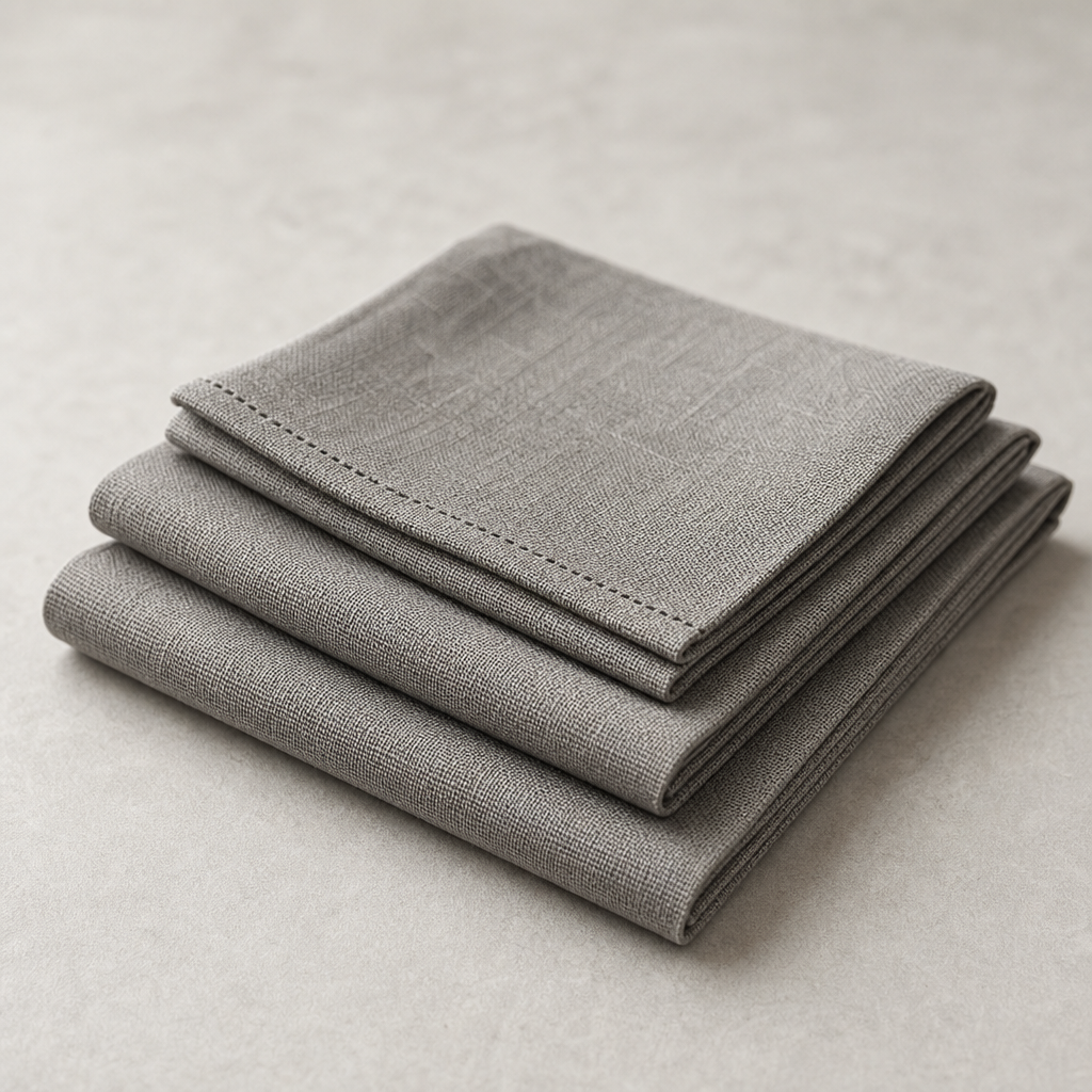 Set of folded ash-gray linen tea cloths with fine weave texture and soft stitched edges