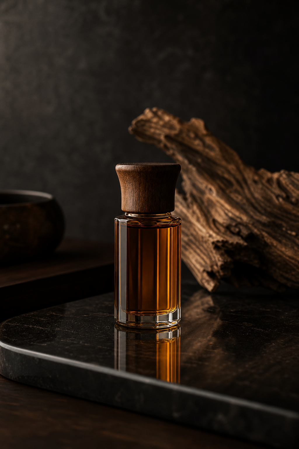 Oud Oil II aromatic oil, bottle with soft reflection