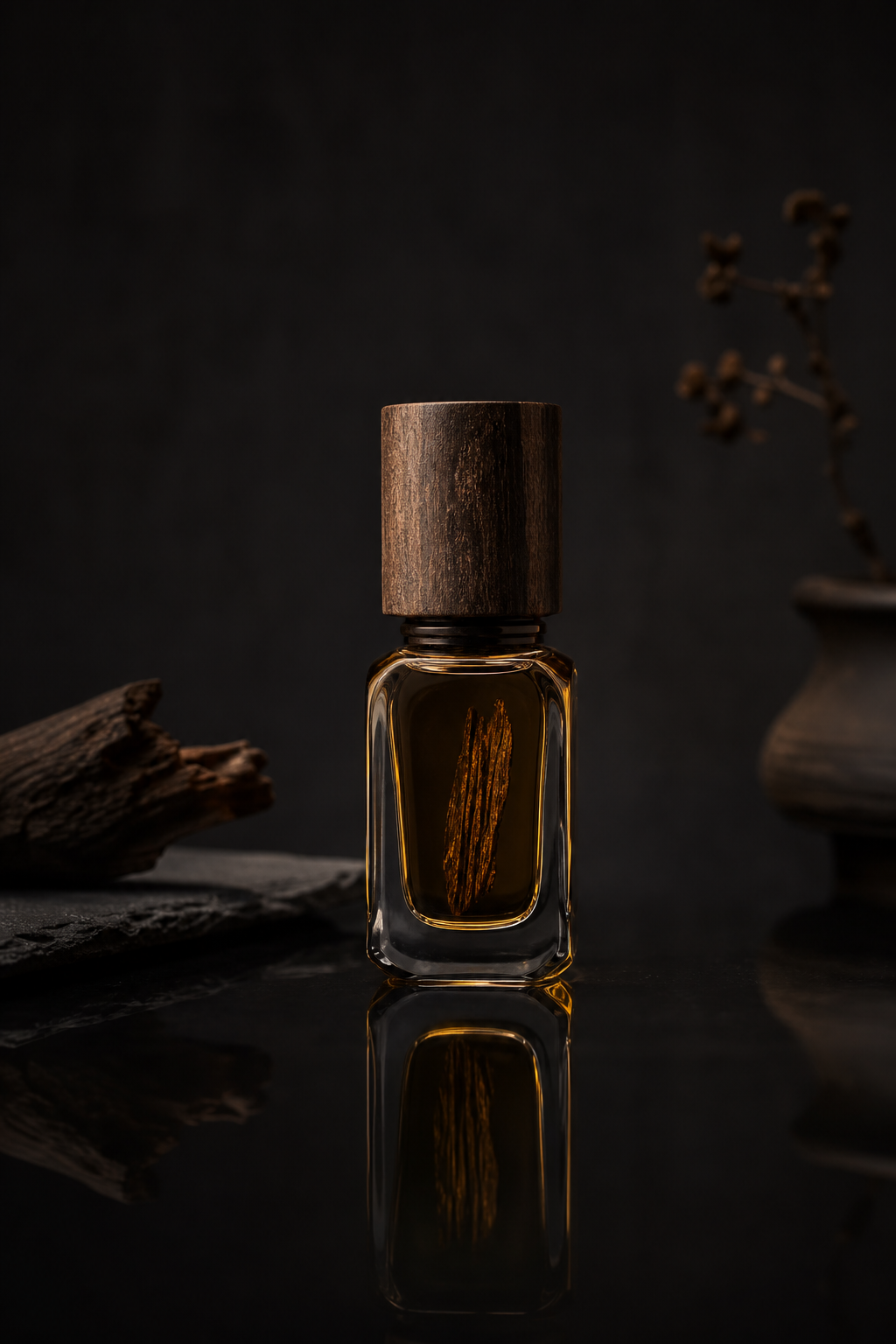 Oud Oil III aromatic oil, bottle with soft reflection