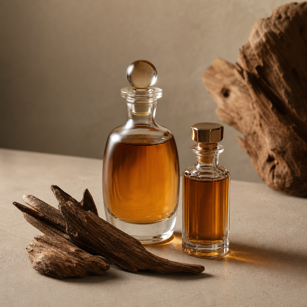 Oud and sandalwood oils in glass vessels with warm amber tones