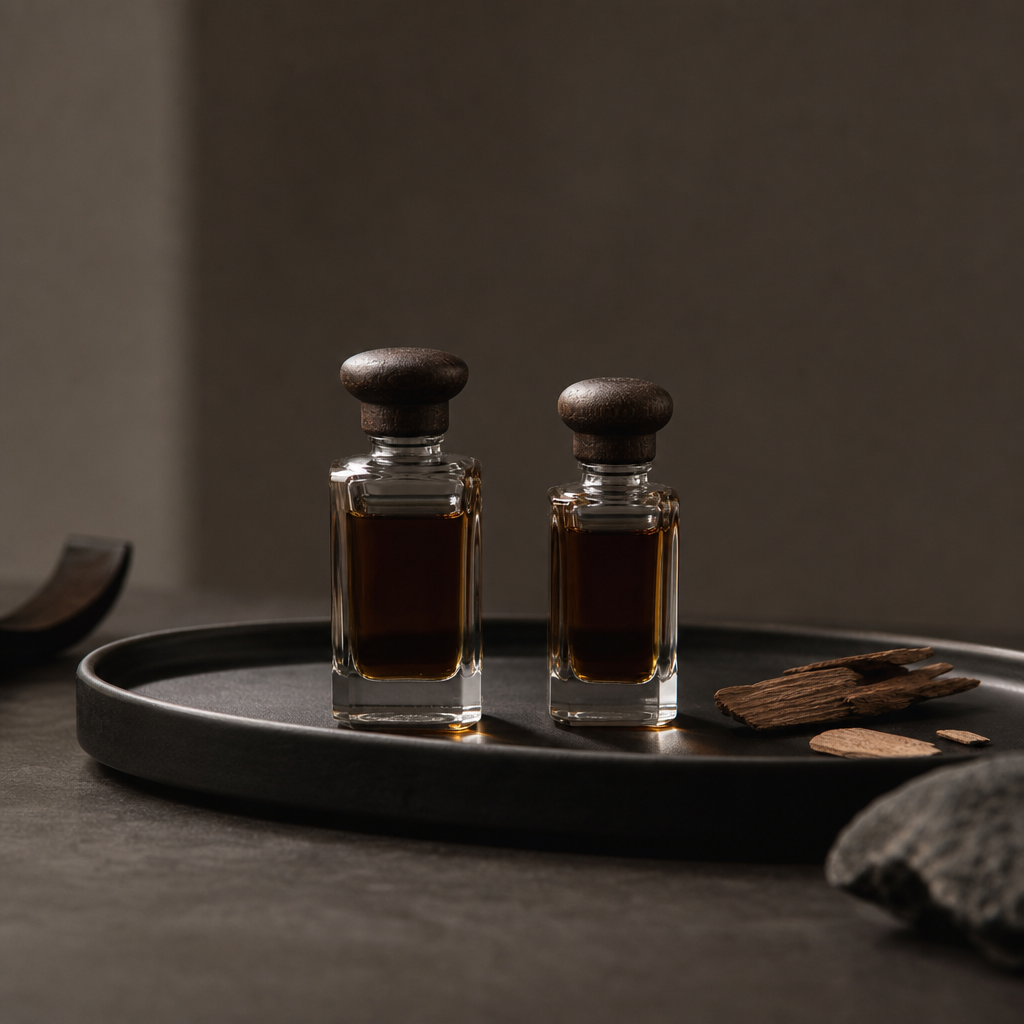 Glass bottles of oud and sandalwood oil