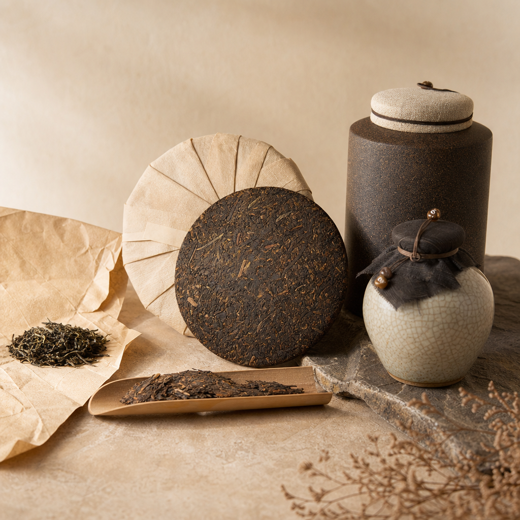 Rare tea leaves, compressed cakes, and ceramic canisters in warm light