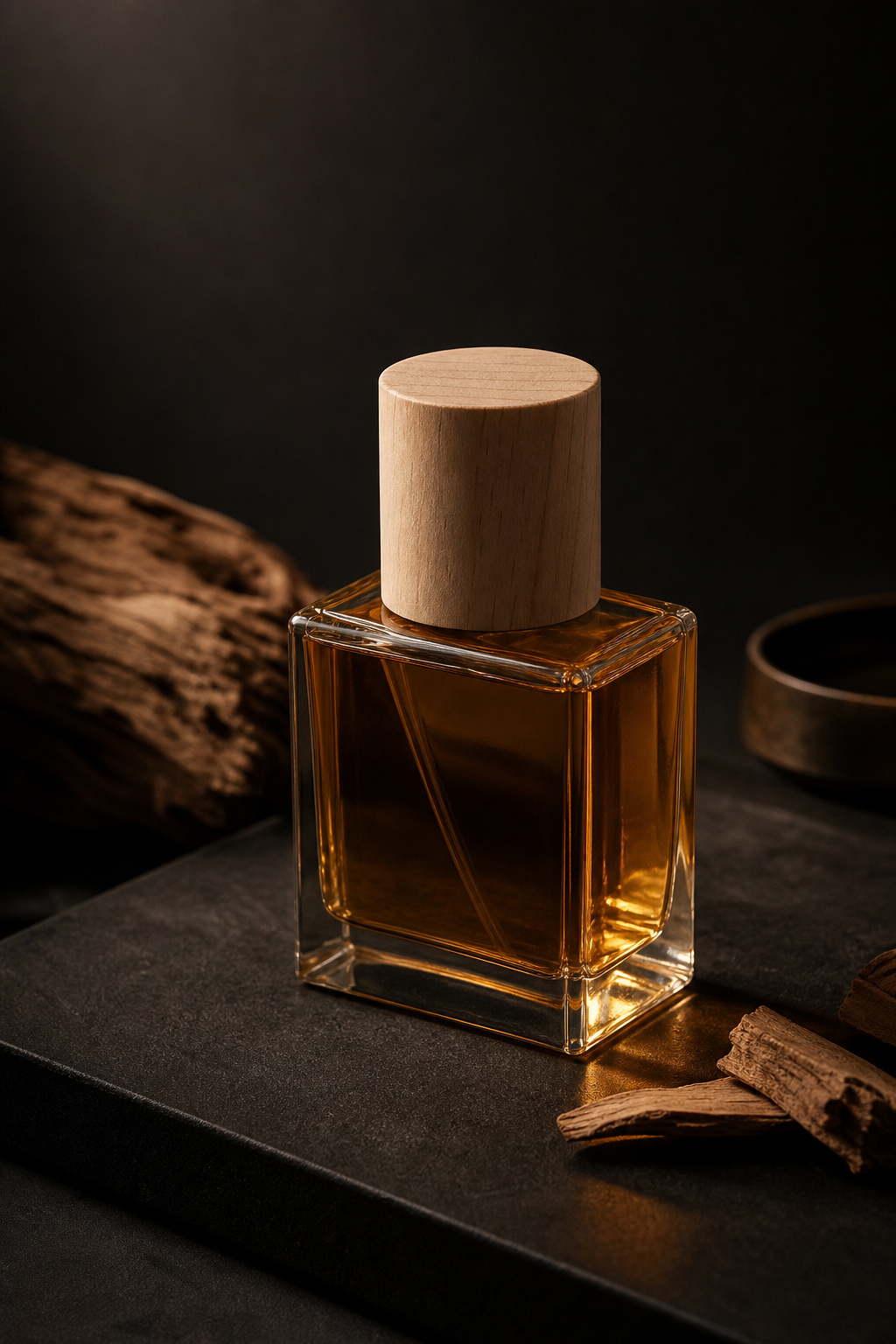 Sandalwood Oil I aromatic oil, angled bottle view