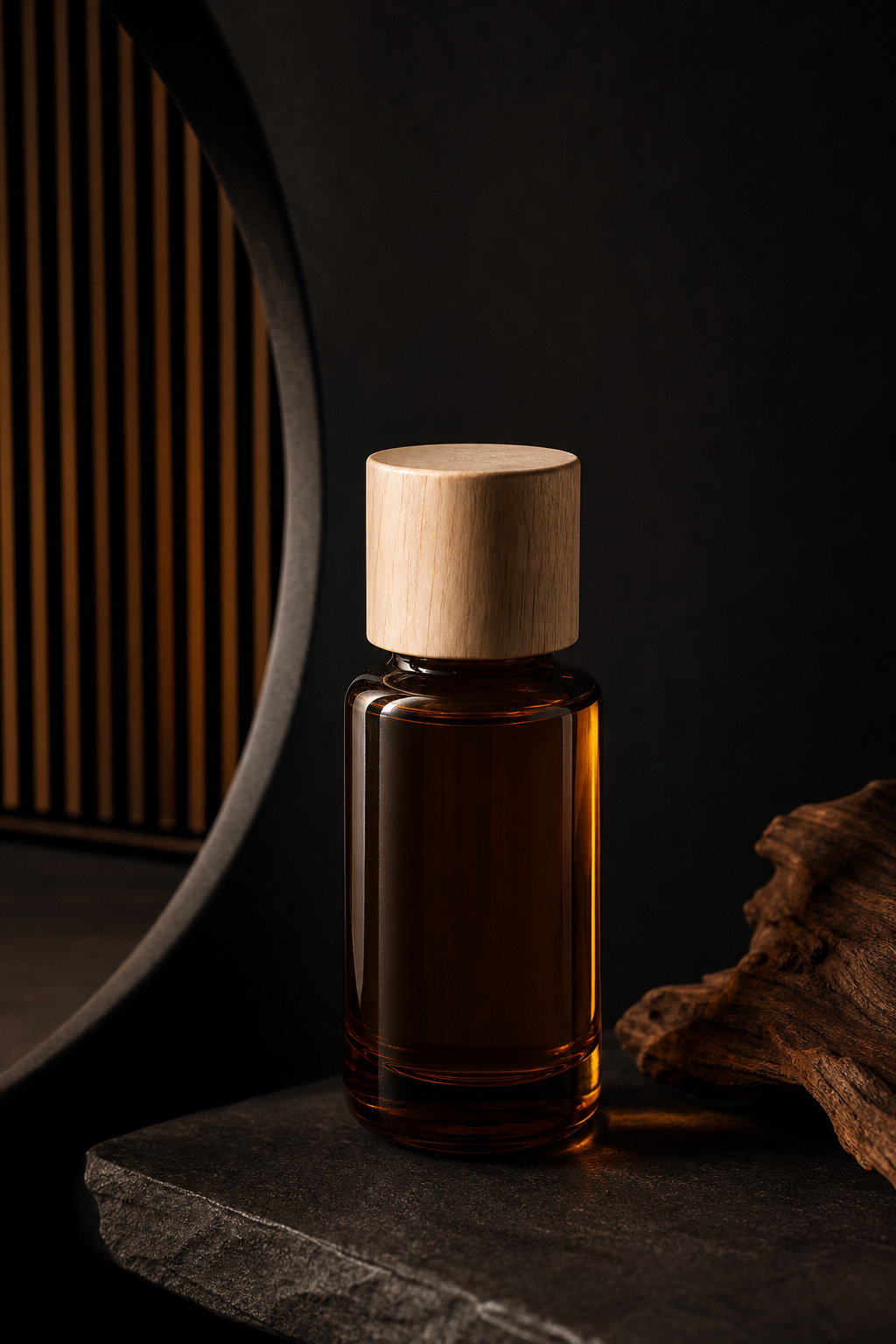 Sandalwood Oil II aromatic oil, angled bottle view