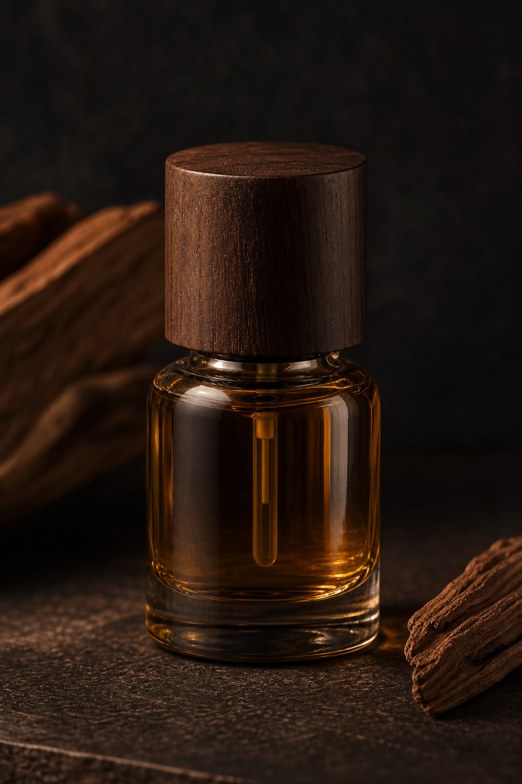 Sandalwood Oil II aromatic oil, close-up of glass and cap