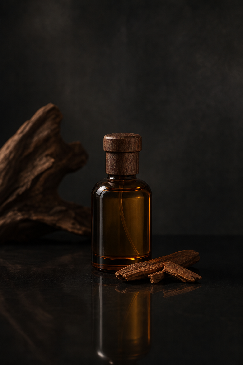 Sandalwood Oil II aromatic oil, bottle with soft reflection
