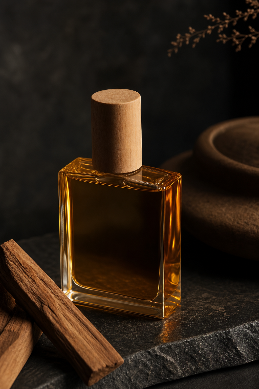 Sandalwood Oil III aromatic oil, angled bottle view