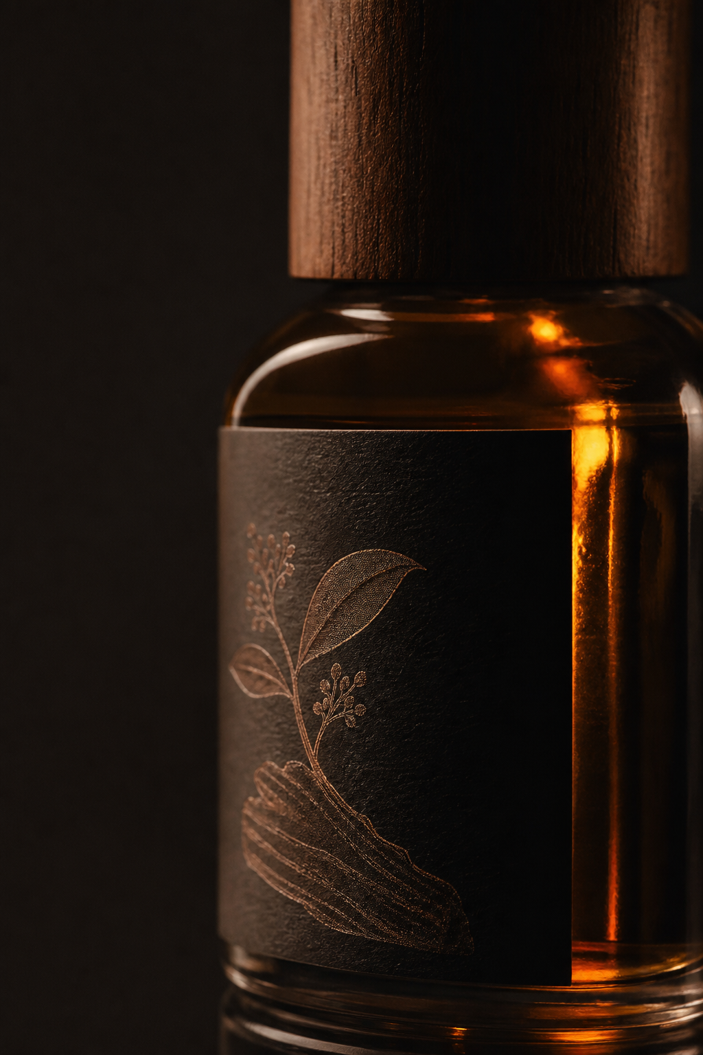 Sandalwood Oil III aromatic oil, close-up of label