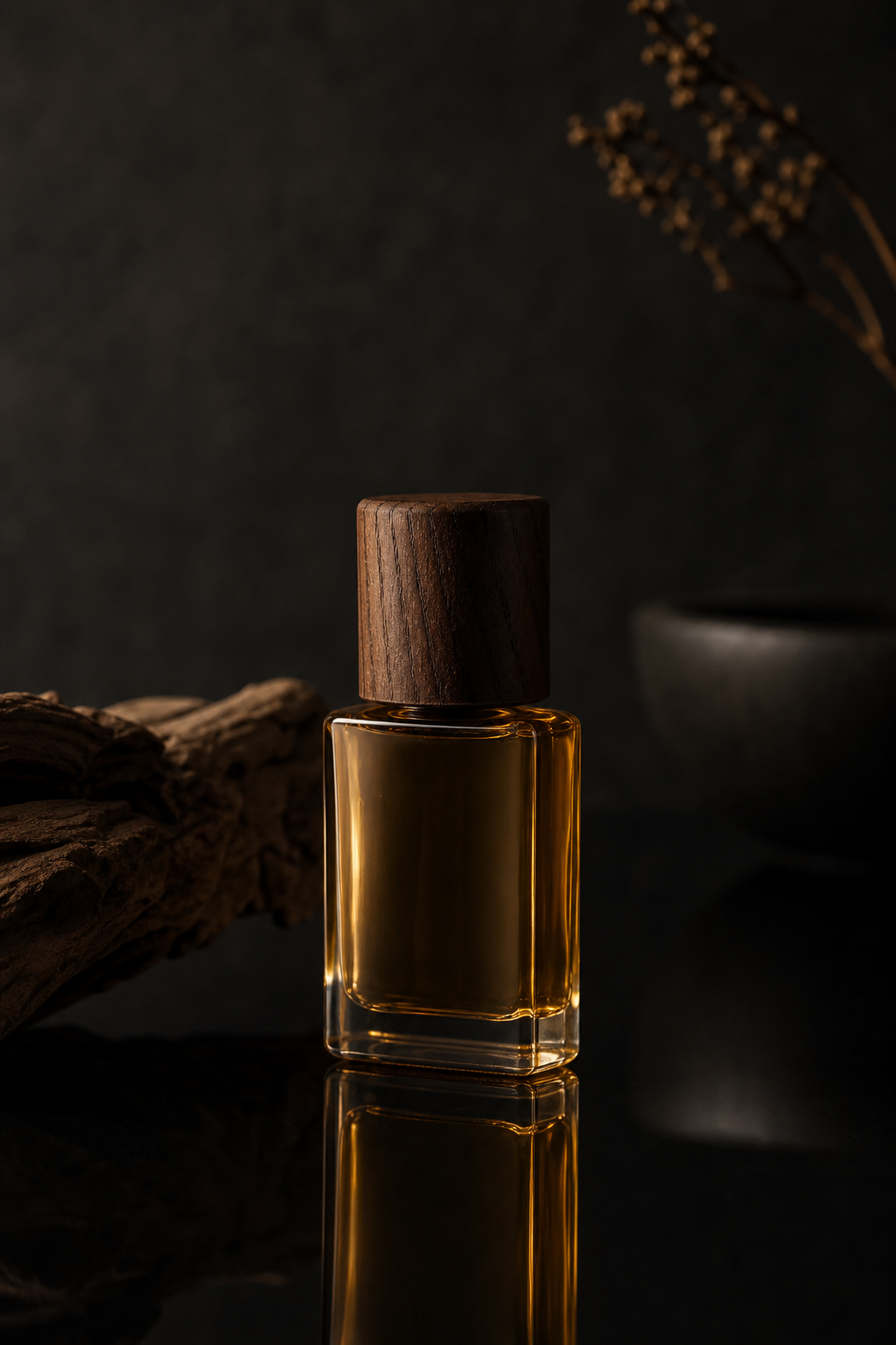 Sandalwood Oil III aromatic oil, bottle with soft reflection
