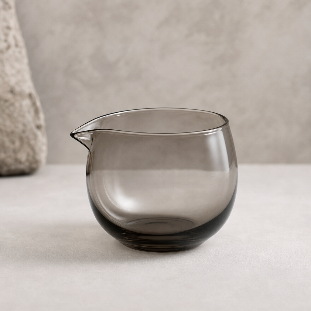 Smoked gray glass chahai fairness pitcher with a clean spout and rounded body on a calm studio surface