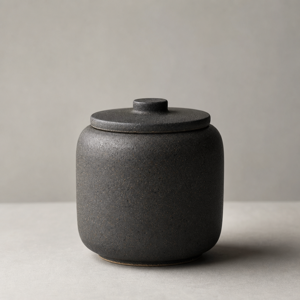 Small ceramic storage jar with matte charcoal glaze and fitted lid