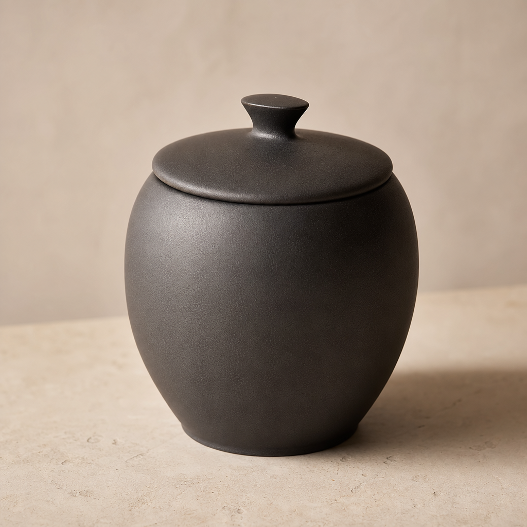 Angled view of the jar highlighting matte charcoal surface
