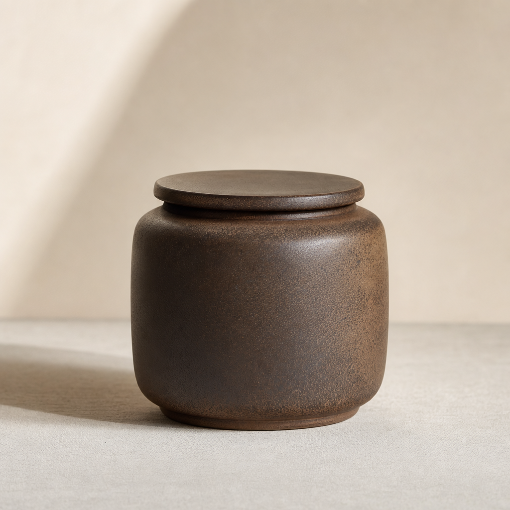 Storage jar resting on a neutral backdrop with soft shadow