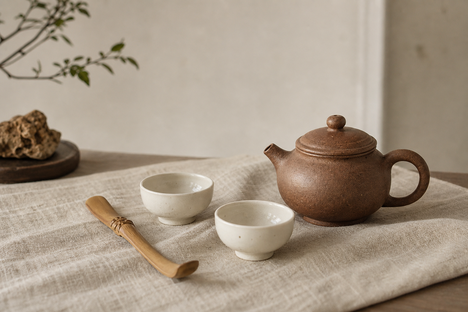 Minimal tea table scene with a handmade clay teapot, two small cups, and a bamboo scoop on a linen cloth