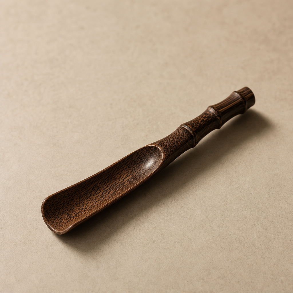 Tea scoop resting on neutral surface with soft shadow and warm hue