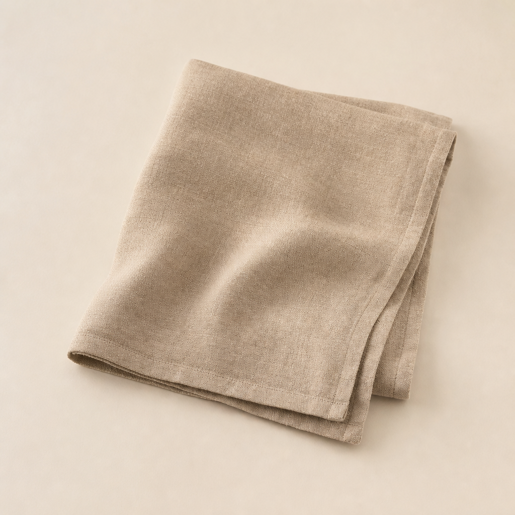 Sand-toned linen tea towel with a soft hem and matte weave