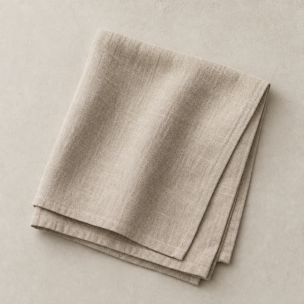 Top view of linen towel showing fine weave and warm neutral color