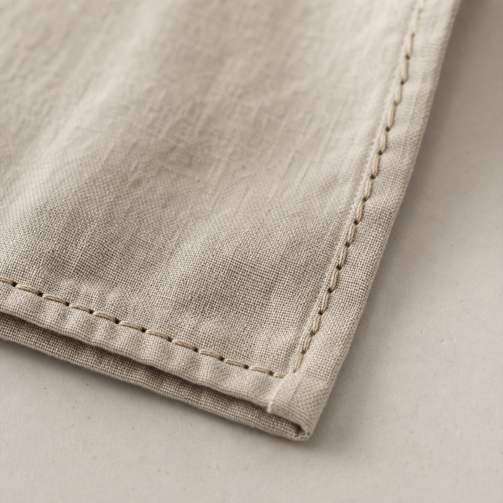 Close-up of hand-finished edge stitching on the linen towel