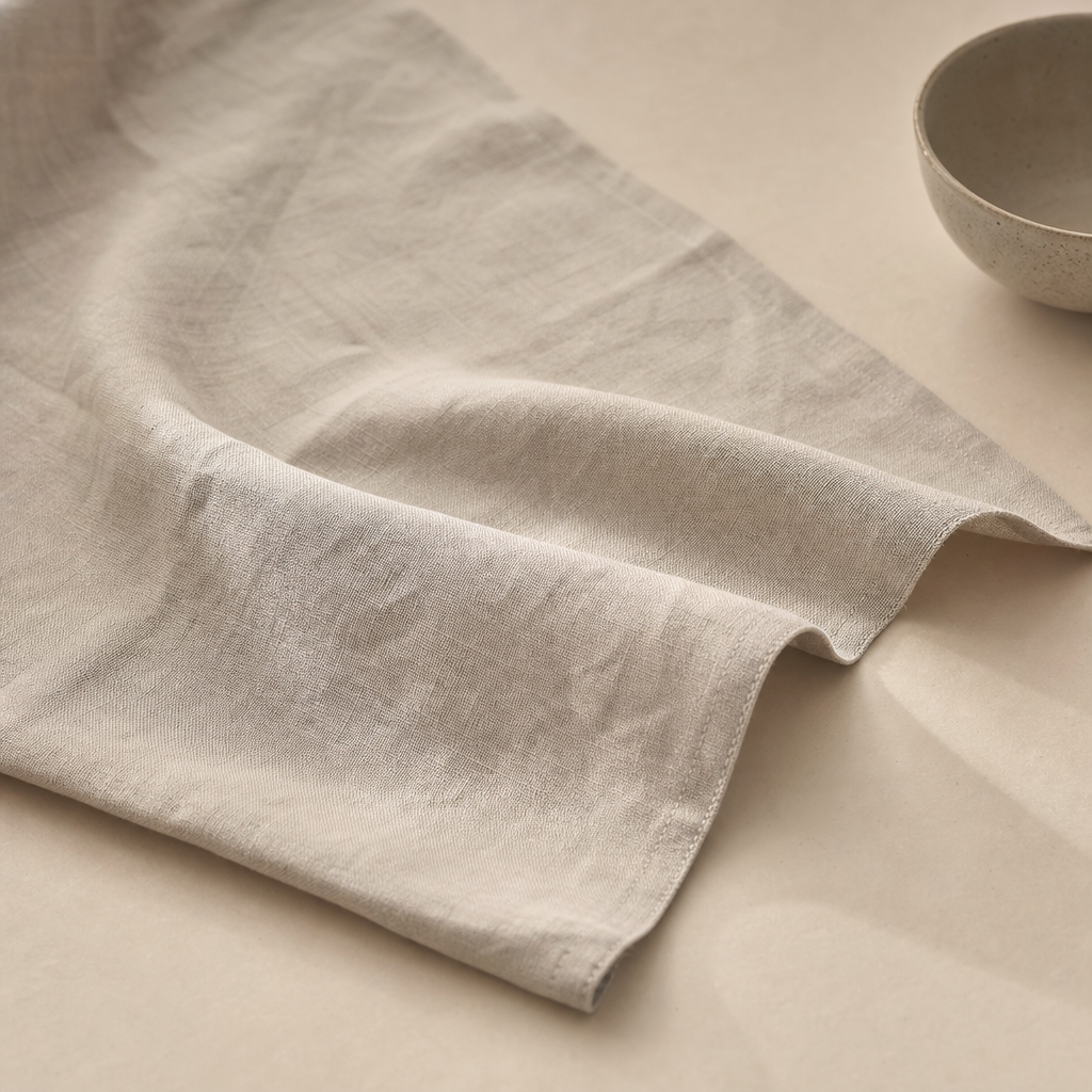 Angled view of linen towel highlighting matte finish and gentle creases