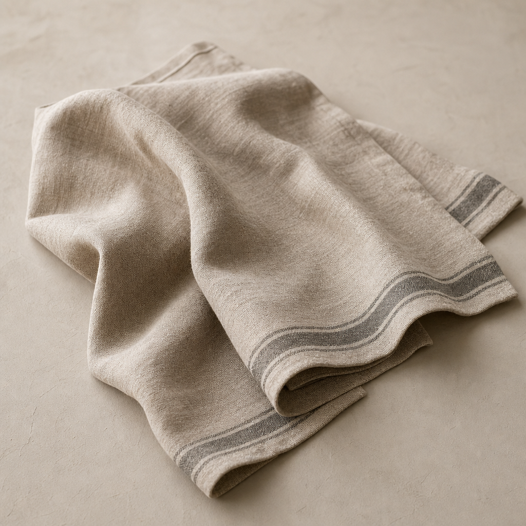 Linen towel resting on a neutral surface with soft natural folds