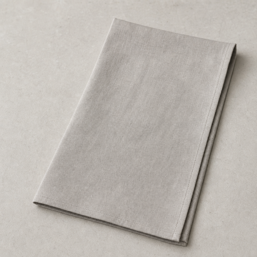 Light stone-gray linen tea towel with clean stitched edge