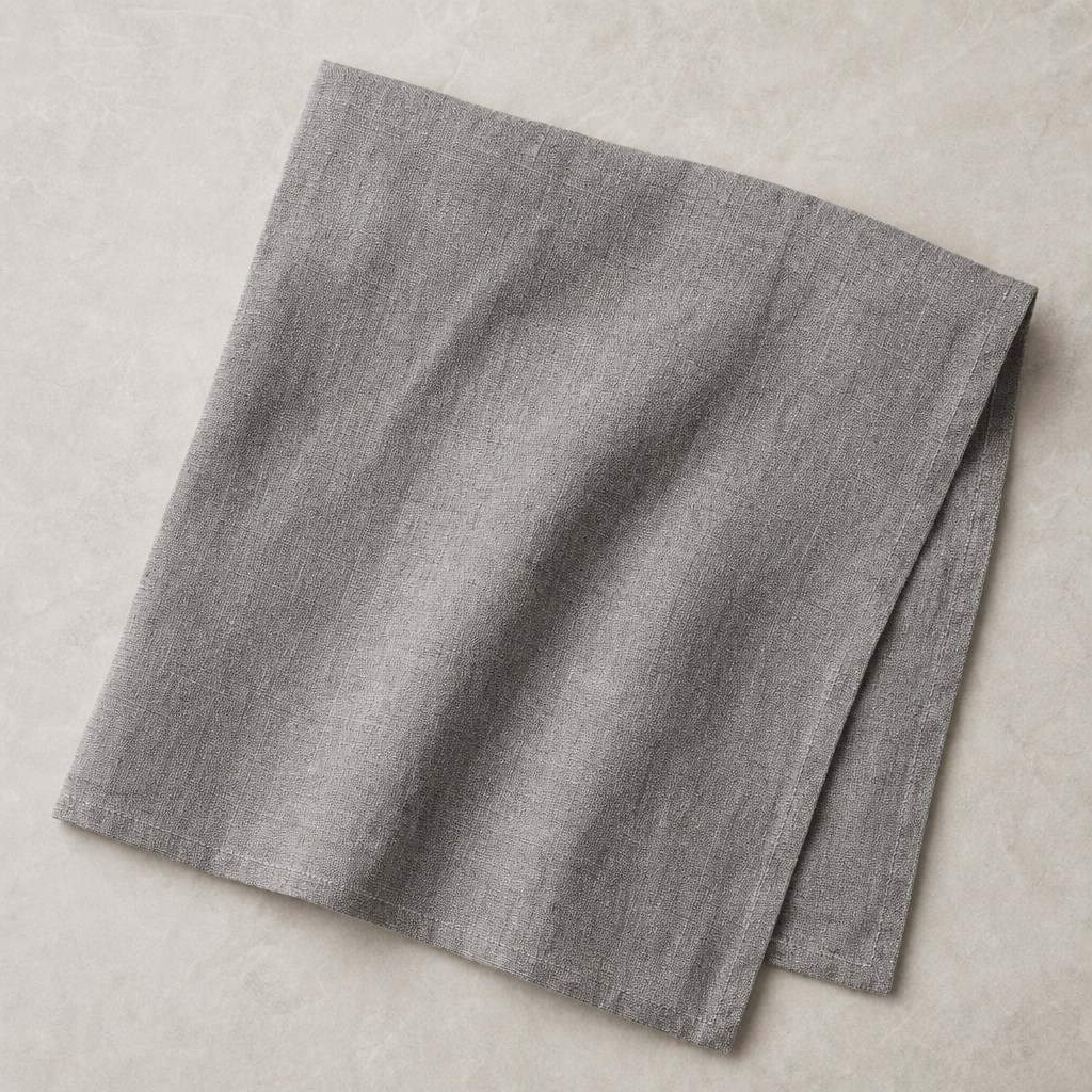 Top view of gray linen towel showing fine weave and subtle texture