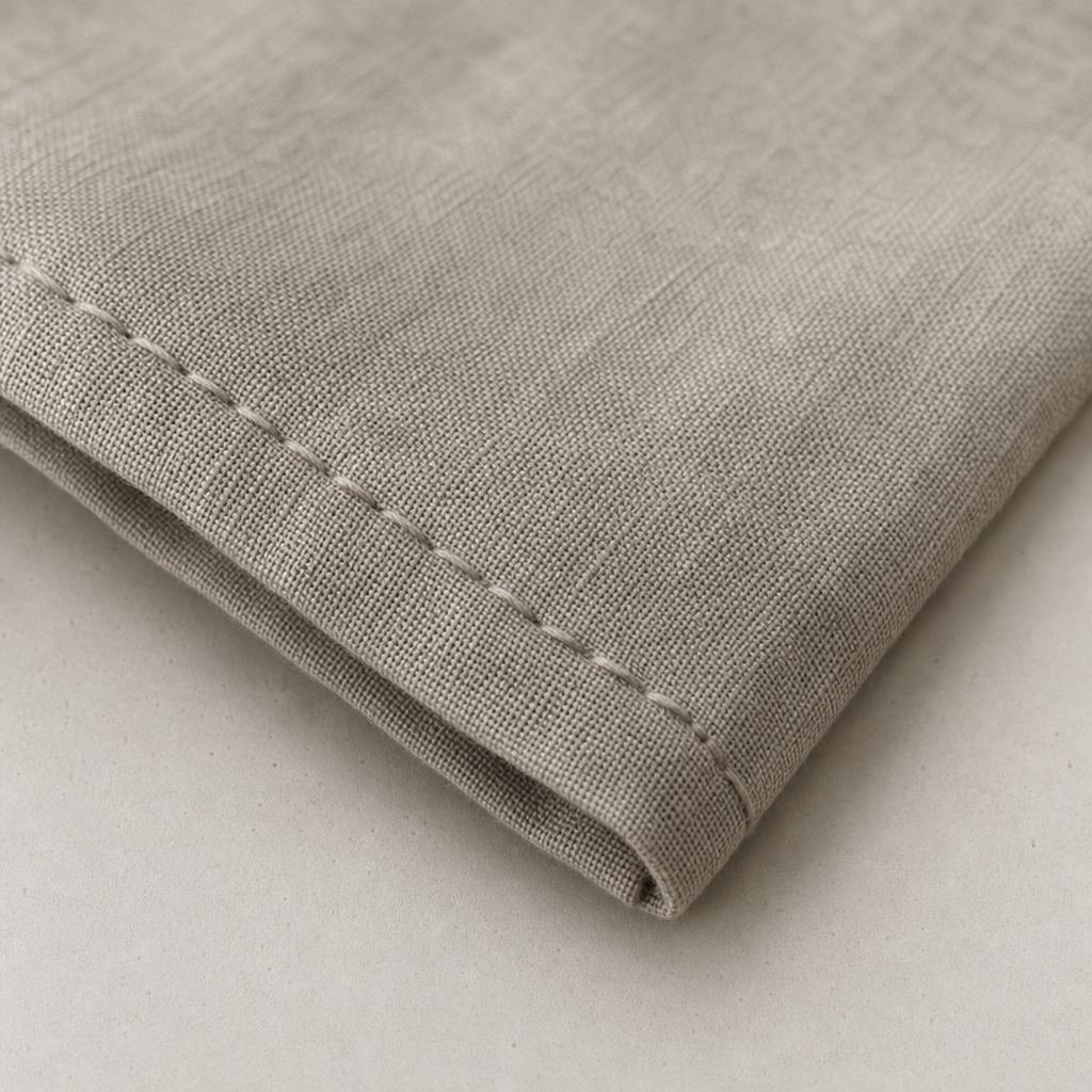 Close-up of linen towel hem with precise hand stitching