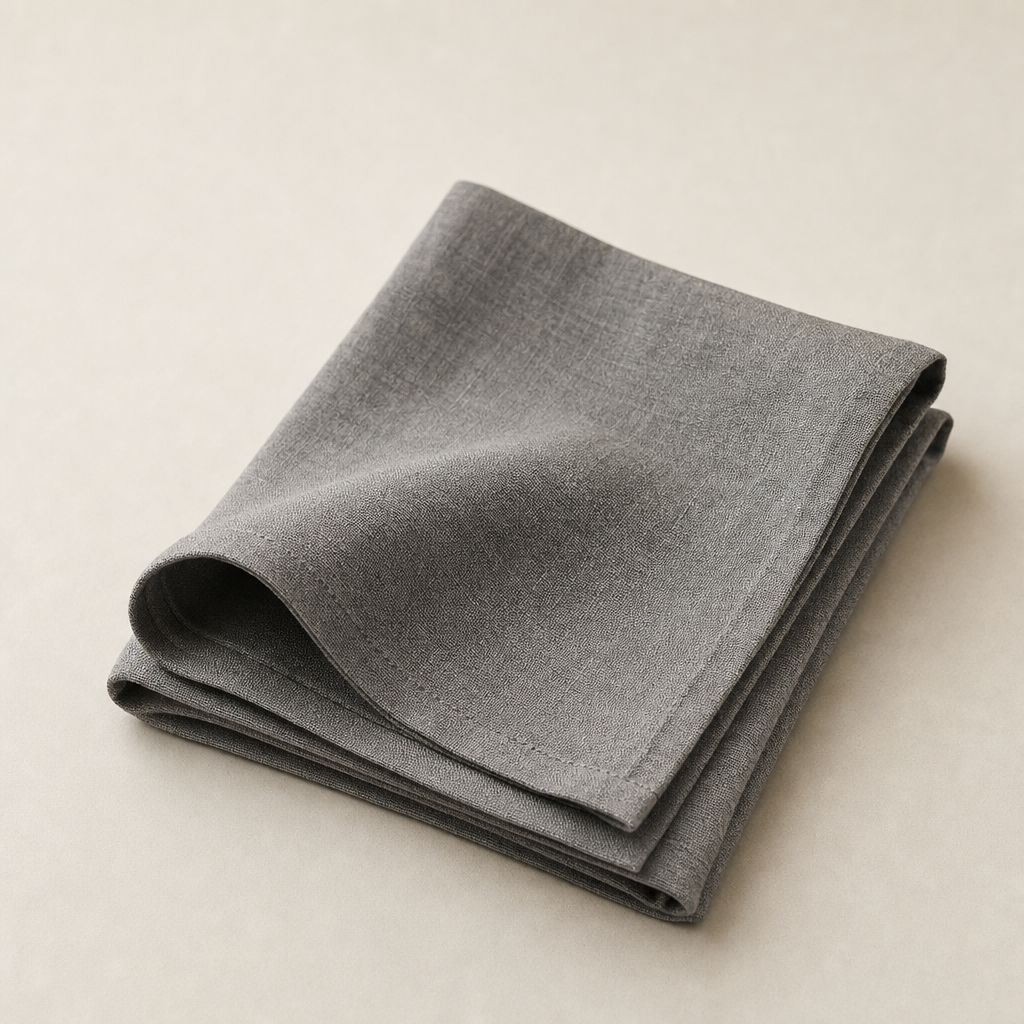 Folded gray linen towel showing soft drape and clean lines