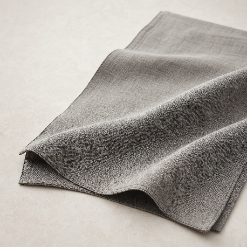 Angled view of linen towel highlighting matte finish and gentle creases
