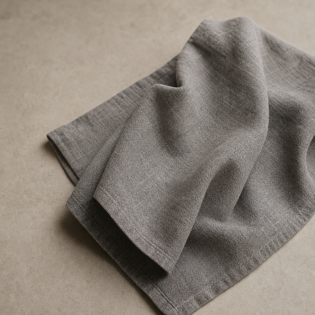 Gray linen towel resting on a neutral surface with soft folds