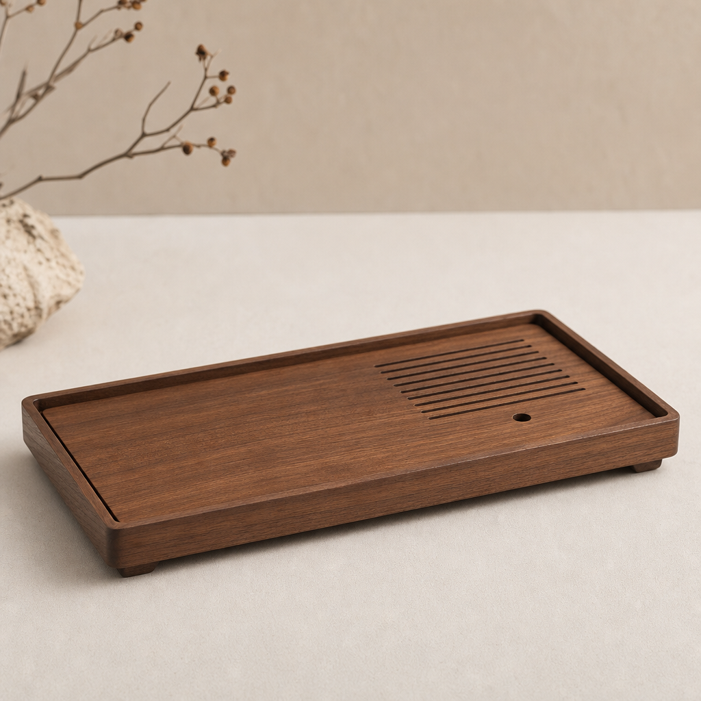 Low-profile wooden tea tray with warm walnut tone and soft satin sheen