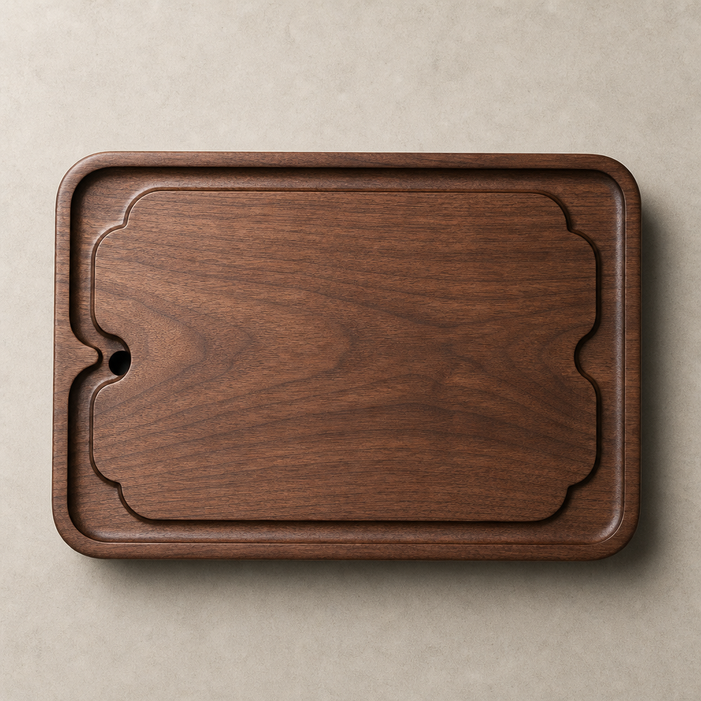 Top view of the tea tray showing carved drainage groove and grain
