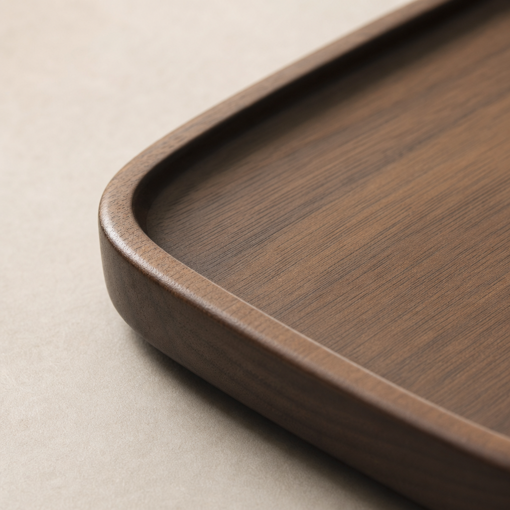 Close-up of rounded tray corner with smooth edge and wood texture