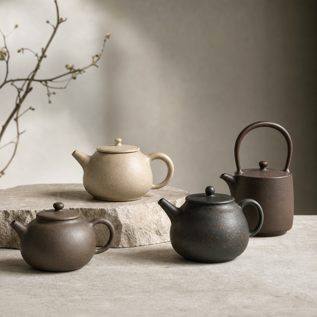 Artisan teapots with matte glazes and soft reflections in a minimalist studio