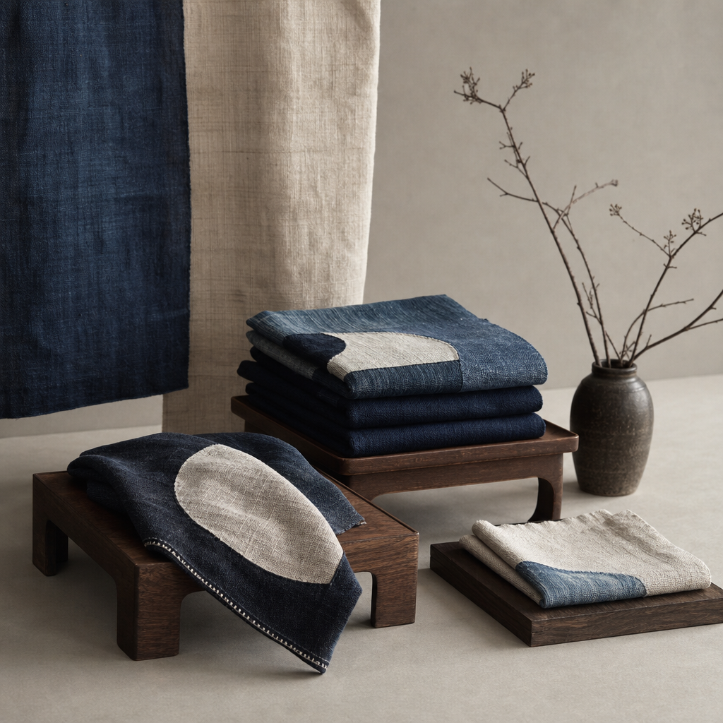Vintage chabu textiles and wooden bases with indigo and linen textures