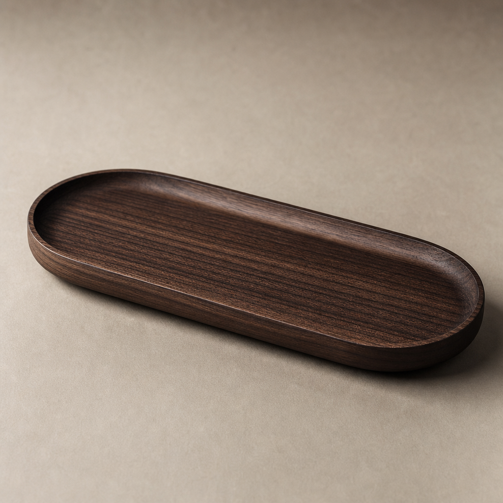 Dark walnut cha he tea presentation tray with curved lip and visible natural wood grain