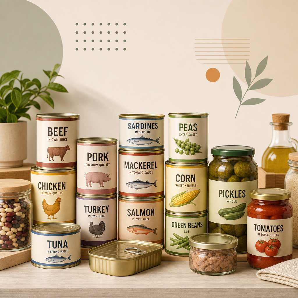 Акуратно викладені консервовані продукти та запаси для комори