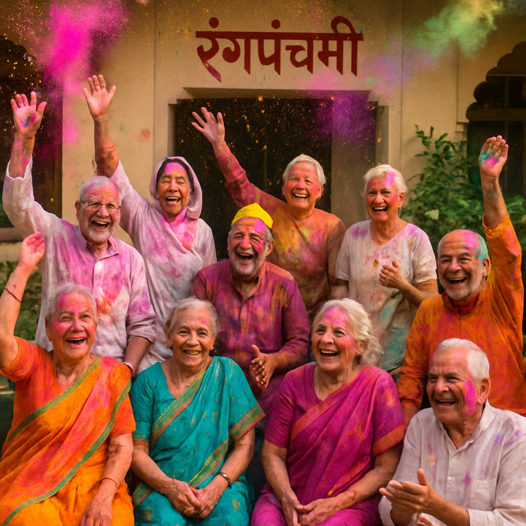 वृद्धांना रंगपंचमी साजरी करताना, गुलाल उडवताना आणि हसत-खेळत एकत्र येताना दाखवणारा फोटो.