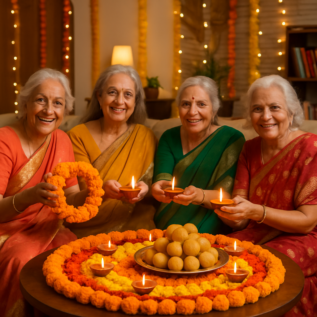 वृद्ध महिलांनी दिवाळी साजरी करताना, फुलांची सजावट, पणत्यांचा उजेड, आणि गोड पदार्थांचा आनंद घेतल्याचा क्षण.