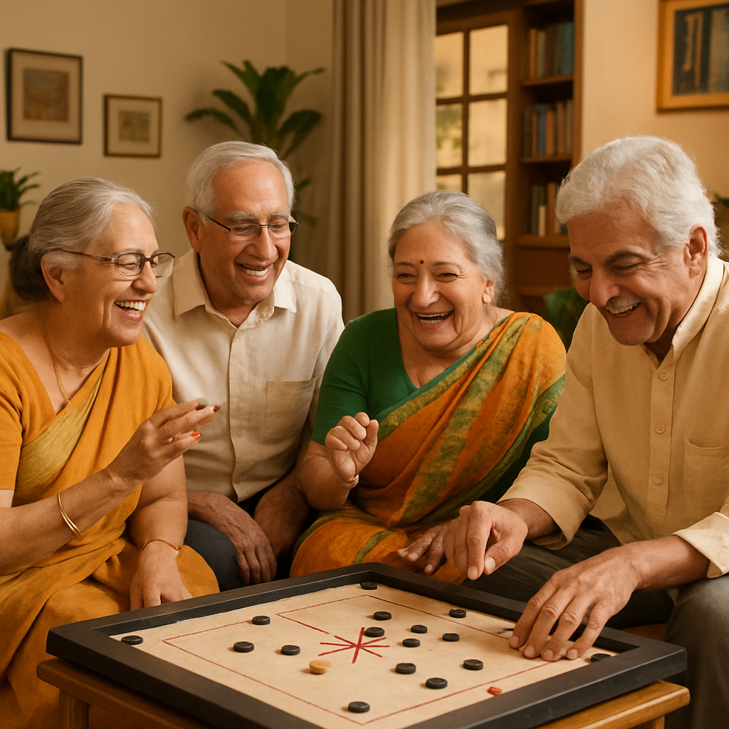 मंडळी एकत्र बसून गप्पा मारत, हास्य विनोद करत आणि पारंपरिक खेळ खेळताना.