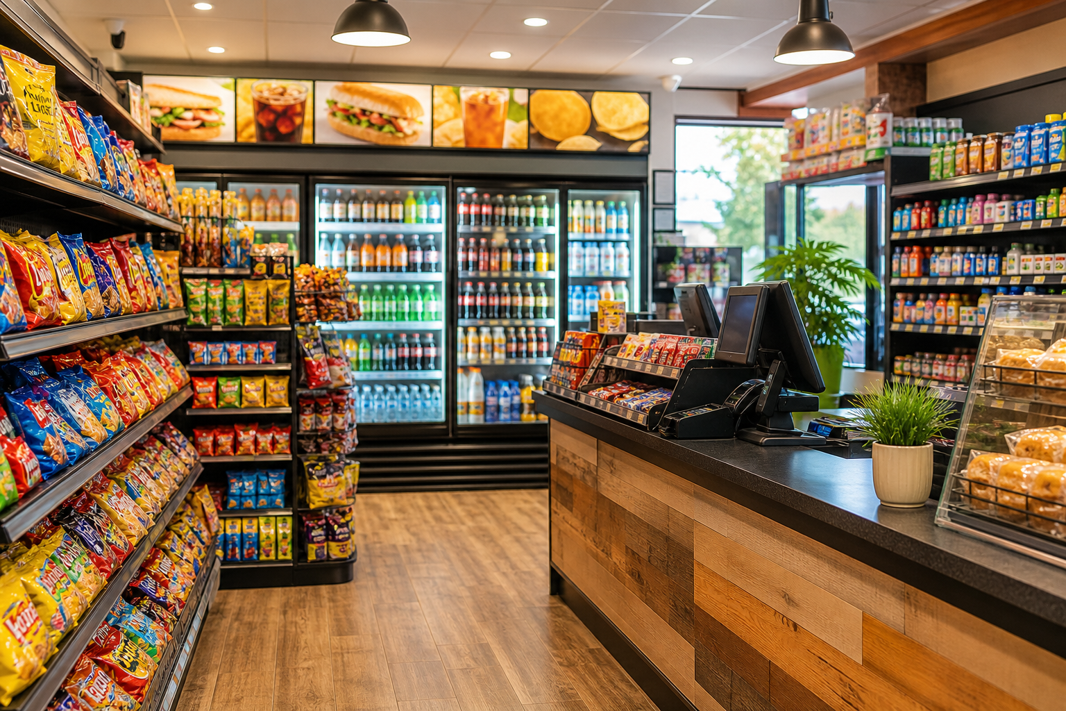 Bright, welcoming convenience store interior with neatly stocked shelves, a checkout counter, and a chilled drink case