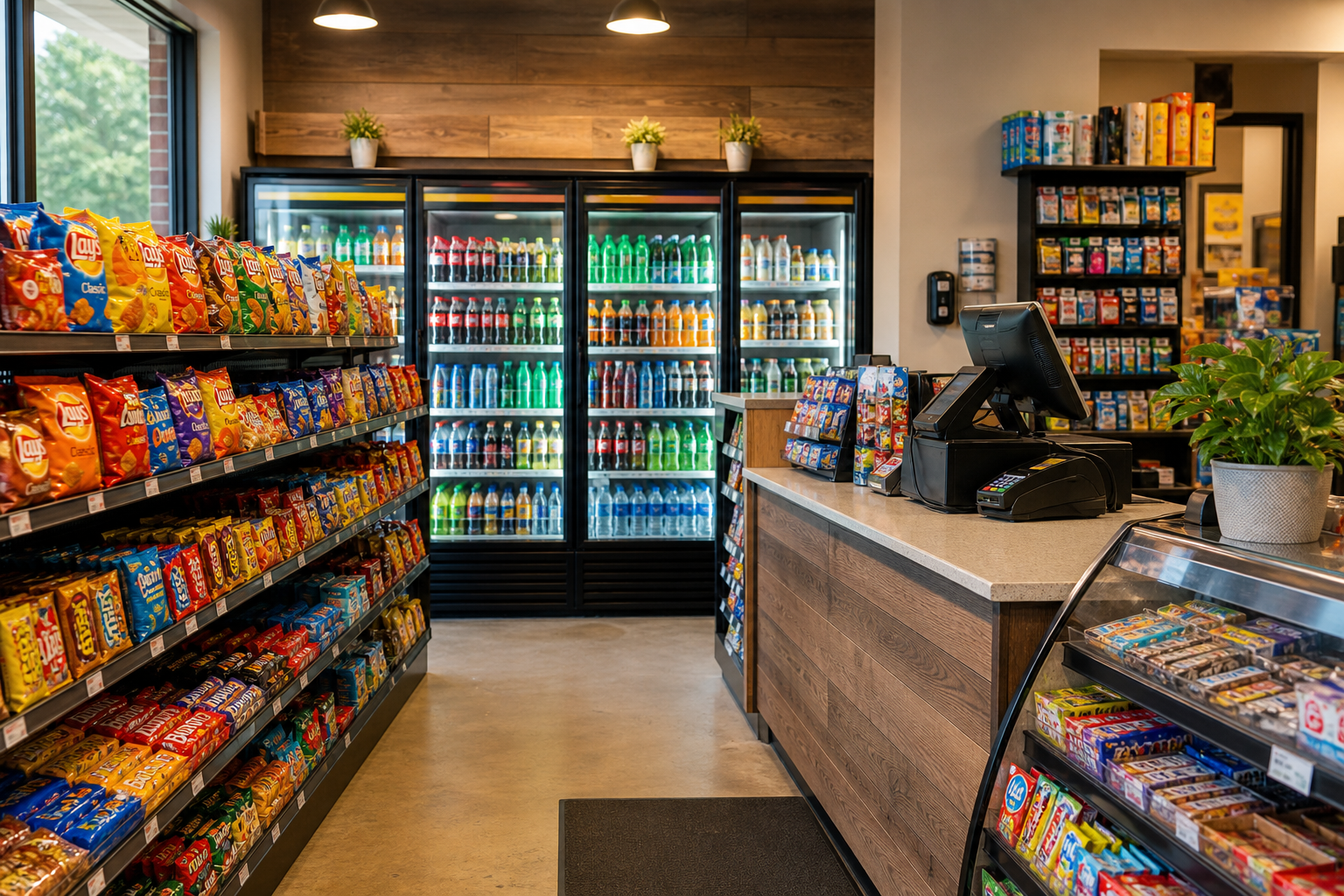 Warm, welcoming convenience store interior with stocked shelves of snacks, cold drink cooler, and a tidy checkout counter