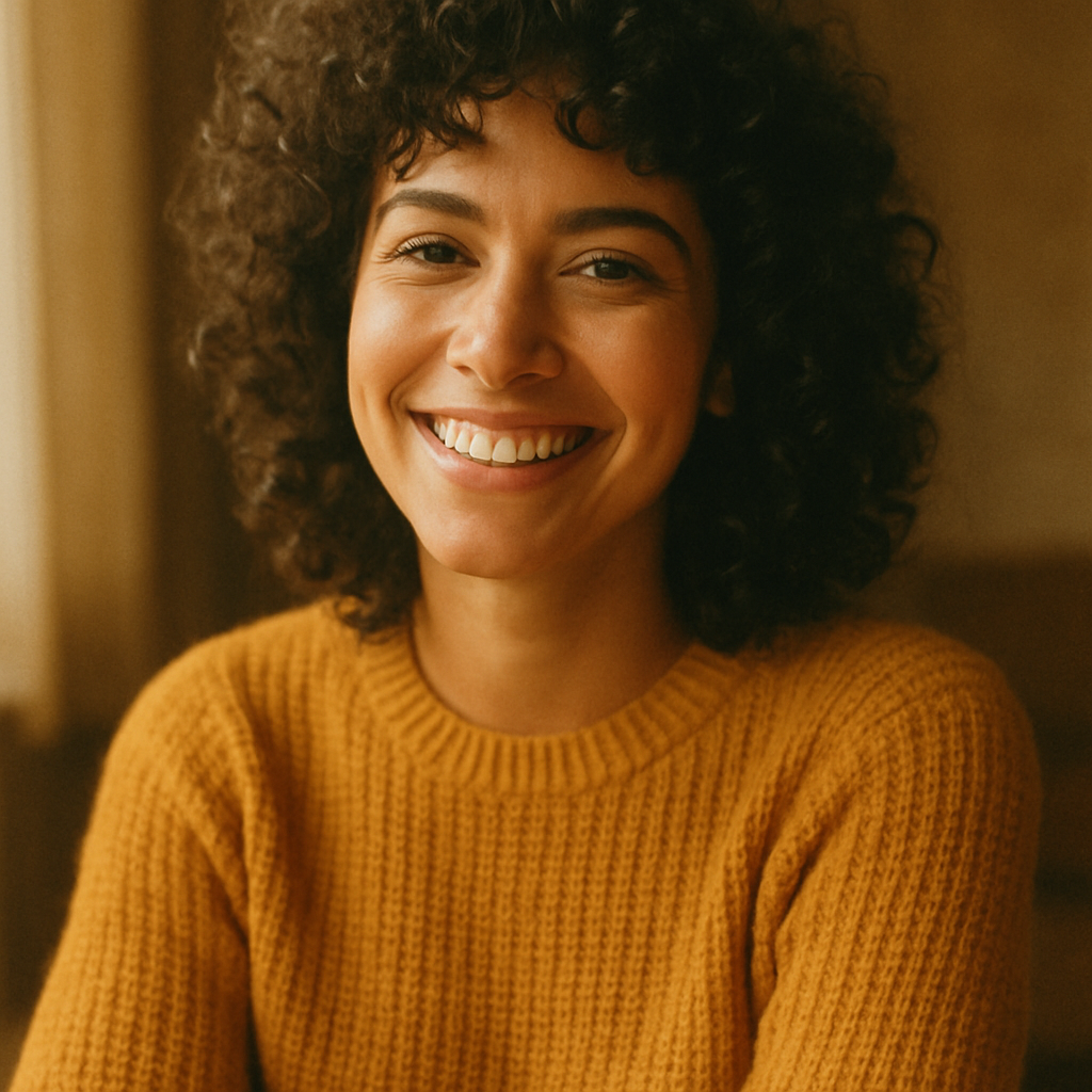 Smiling woman with curly dark hair in a mustard sweater