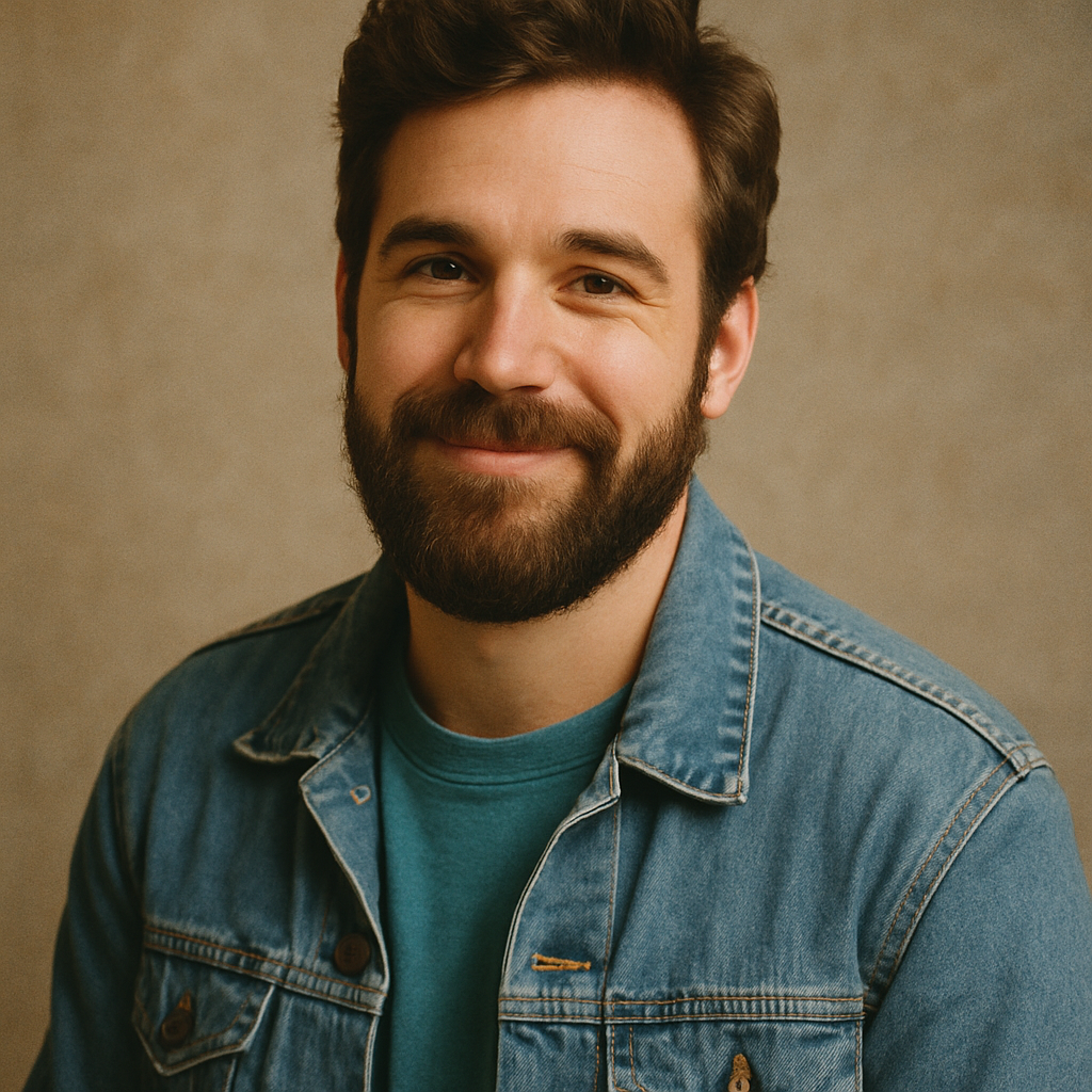 Bearded man wearing a teal shirt and denim jacket