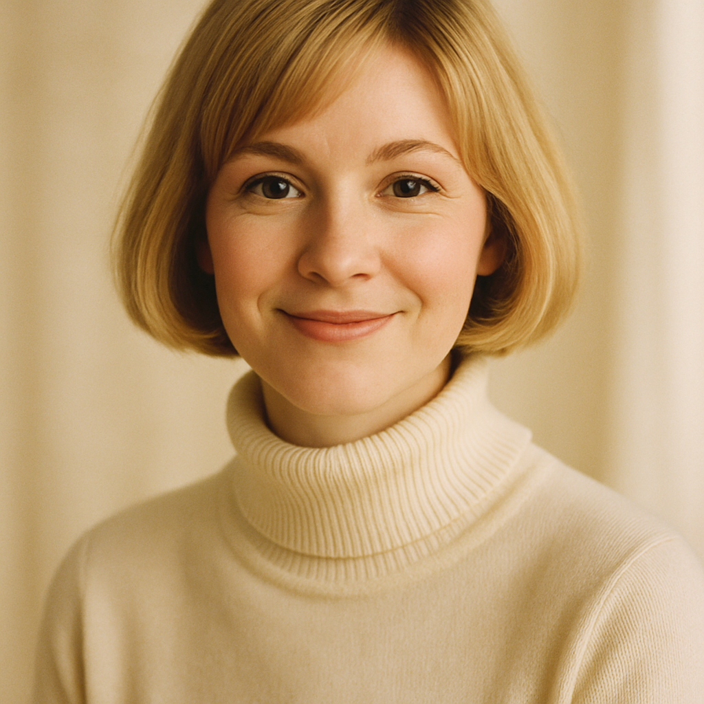 Woman with short blonde bob wearing a cream turtleneck