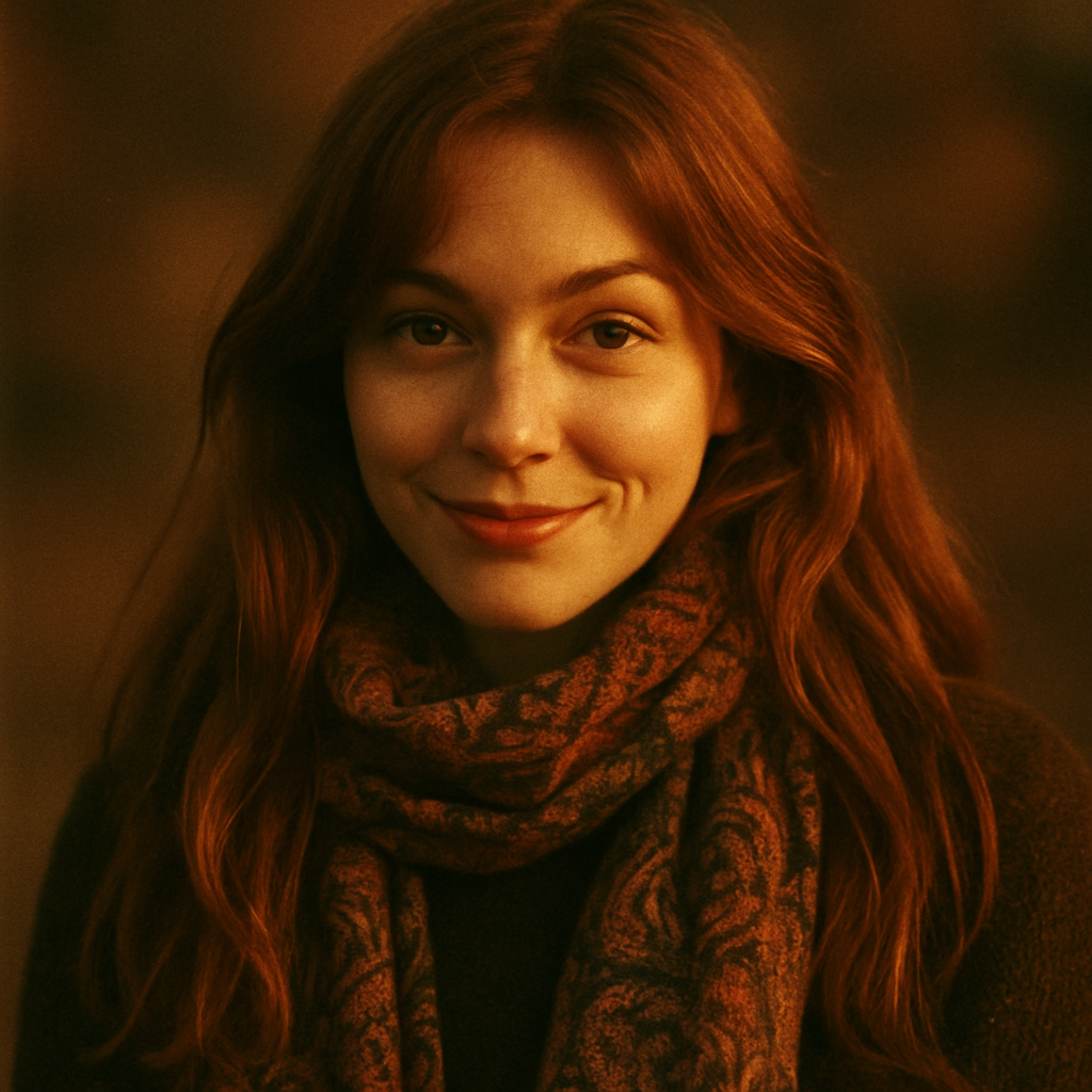 Young woman with long auburn hair wearing a patterned scarf
