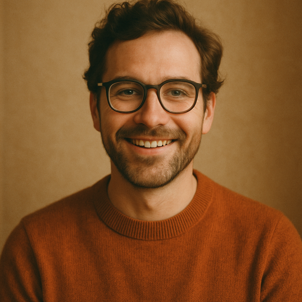 Smiling man with glasses in a rust-colored sweater